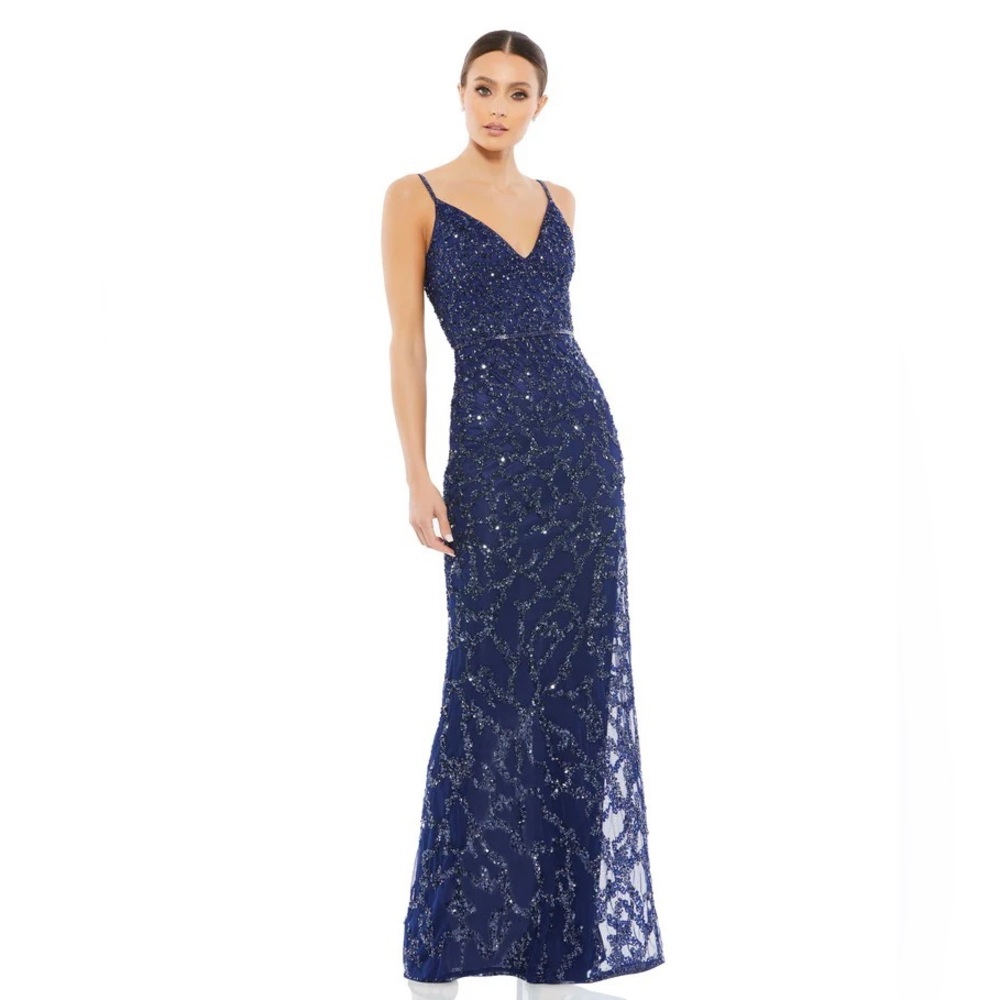 Mac Duggal Sleeveless V Neck Beaded Column Gown 5481